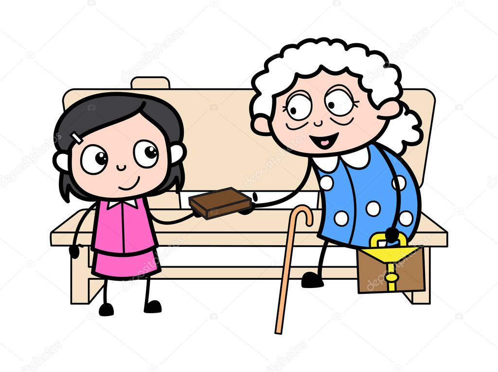 Grandma Giving Item to Her Grand Daughter - Old Woman Cartoon Gr