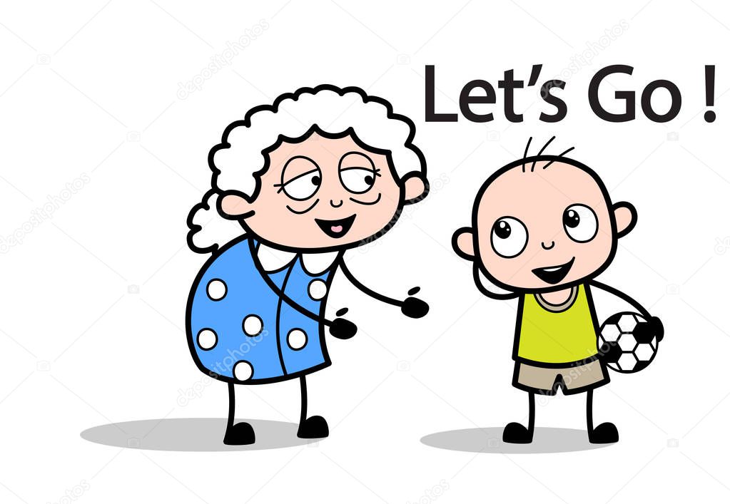 Playing with Kid - Old Woman Cartoon Granny Vector Illustration