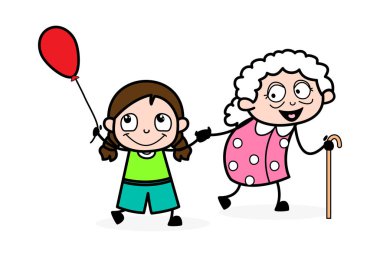 Grand-Daughter ile oynamak - Old Woman Karikatür Granny Vector Il