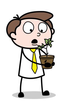 Holding a Plant - Ofis İşadamı Çalışan Karikatür Vektör Ill