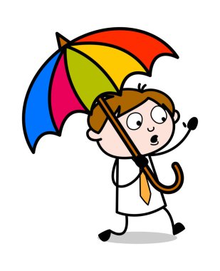 Bir Şemsiye ile Çalışan - Ofis Satış Elemanı Karikatür Vect