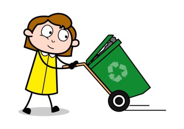 Dragging Dustbin - Retro Office Kız Çalışan Karikatür Vektör Ill