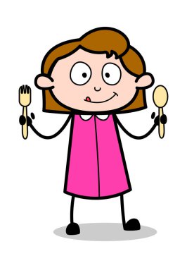 Gösteren Kaşıklar - Retro Ofis Kız Çalışan Karikatür Vektör Illus