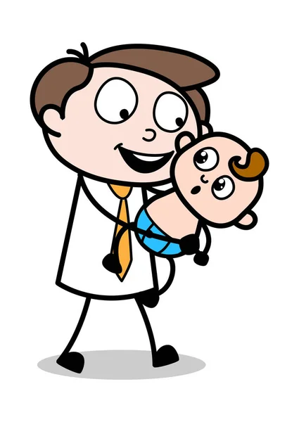 Tenir un bébé et essayer de parler avec bébé - Homme d'affaires de bureau — Image vectorielle