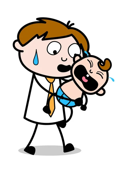 Holding a Crying Baby - Office Salesman Karyawan Vektor Kartun - Stok Vektor
