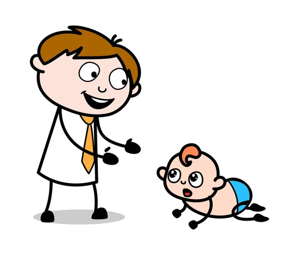 Homme jouant avec un bébé - Vendeur de bureau employé dessin animé Vecto — Image vectorielle