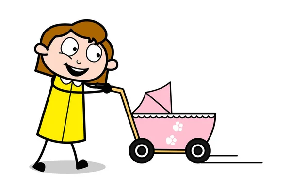 Walking with Baby Stroller - Retro Office Girl Employee Cartoon — Stock Vector