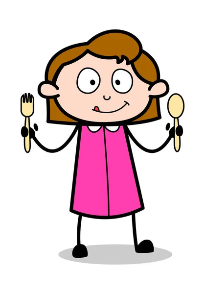 Showing Spoons - Retro Office Girl Employee Cartoon Vector Illus — Stock Vector
