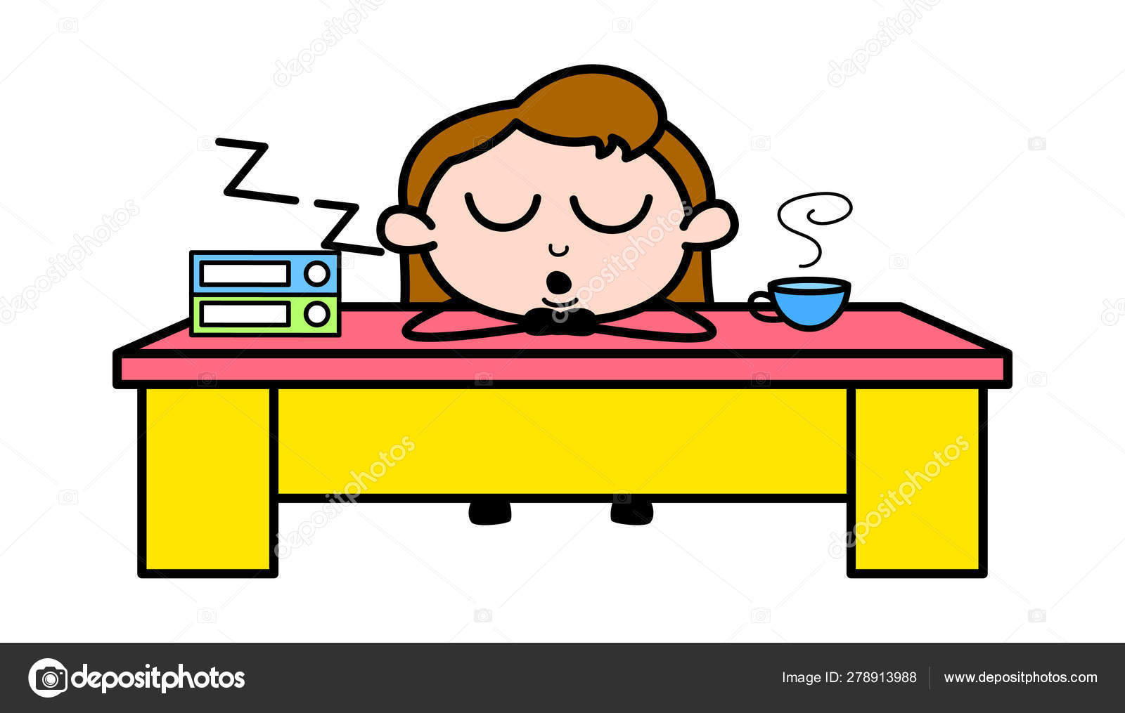 Sleeping On Working Time Retro Office Girl Employee Cartoon Ve