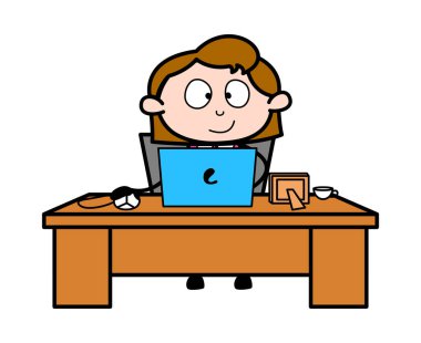 Dizüstü Online İş - Retro Office Girl Çalışan Karikatür Vecto