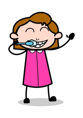 Diş Fırçalama - Retro Ofis Kız Çalışan Karikatür Vektör Illus
