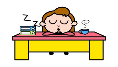 Uyku Çalışma Zamanı - Retro Office Kız Çalışan Karikatür Ve