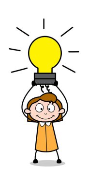 Bir Ampul Holding - Retro Ofis Kız Çalışan Karikatür Vektör Illus