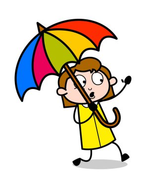 Bir Şemsiye Holding - Retro Office Kız Çalışan Karikatür Vektör 