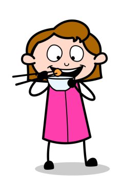 Chopsticks ile Yeme - Retro Office Kız Çalışan Karikatür Vect