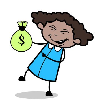 Bir Para Çantası holding ve Gülme - Retro Siyah Ofis Kız Carto