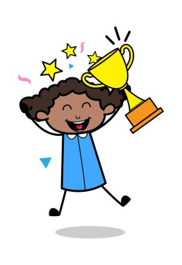 Trophy ile Cheering - Retro Siyah Ofis Kız Karikatür Vektör Il
