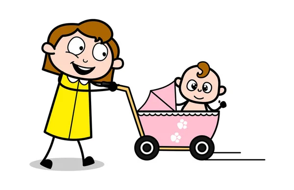 赤ちゃんと一緒に旅行 - レトロなオフィスの女の子の従業員漫画ベクトル — ストックベクタ