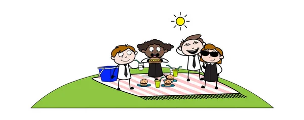 Przyjaciele ciesząc piknik-retro biuro dziewczyna pracownik kreskówka VEC — Wektor stockowy