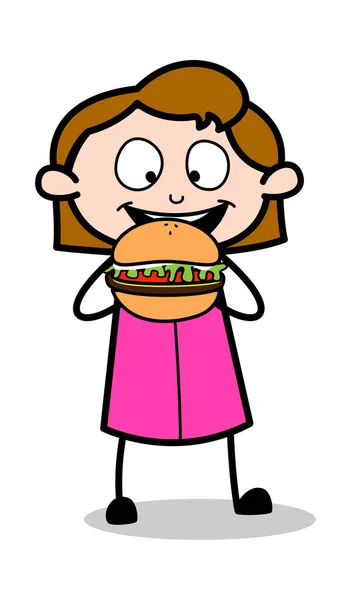 Comer hamburguesa poco saludable - Retro Office Girl Empleado de dibujos animados Vec — Vector de stock