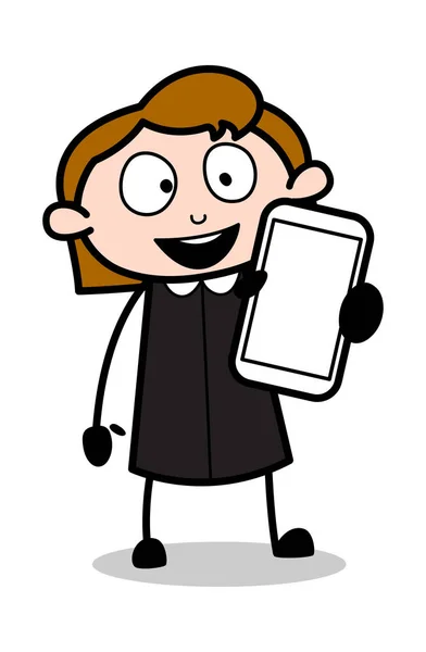 Showing a Smartphone - Retro Office Girl Employee Cartoon Vector — Stock Vector