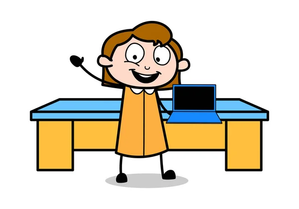 Pokazywanie laptopa-retro biuro dziewczyna pracownik Cartoon Vector Ill — Wektor stockowy
