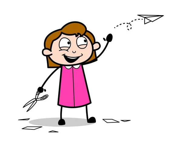 Jouer avec avion en papier - Retro Office Girl Employee Cartoon Ve — Image vectorielle