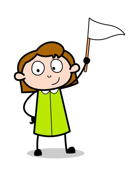 Trzymając małą flagę-retro biuro dziewczyna pracownik kreskówka wektor — Wektor stockowy