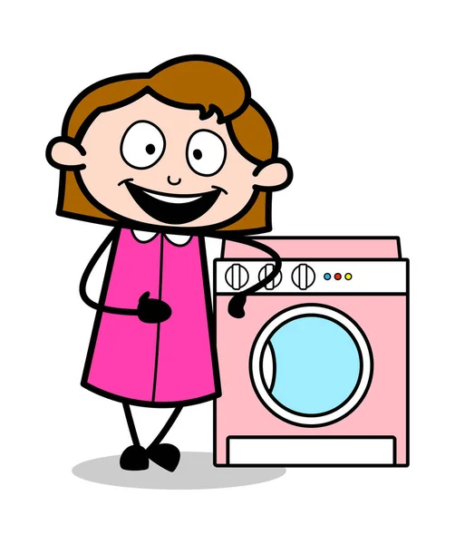 展示洗衣机 - 复古办公室女员工卡图 — 图库矢量图片