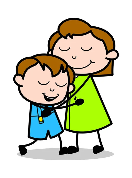 Mãe abraça seu filho - Retro Office Girl Employee Cartoon Vector —  Vetores de Stock