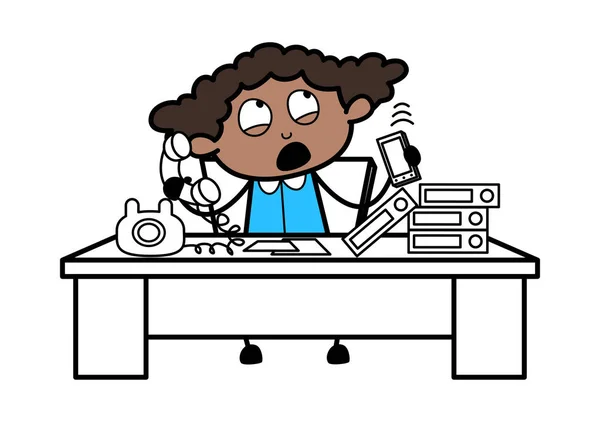 Gespräche mit Kunden am Telefon - schwarzer Retro-Büromädchen-Cartoon — Stockvektor