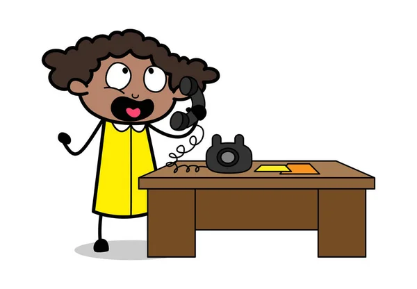 Talking på telefon-retro svart kontor flicka tecknad vektor illust — Stock vektor