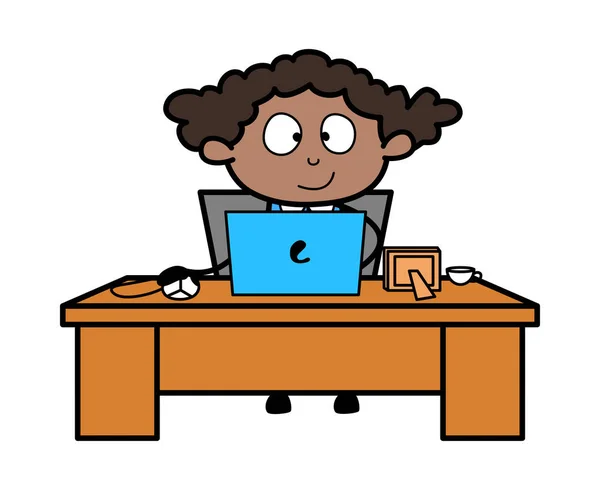 Fazendo trabalho de escritório no laptop - Retro Black Office Girl Cartoon Ve — Vetor de Stock