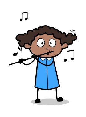 Flüt Oynamak - Retro Siyah Ofis Kız Karikatür Vektör Illustrat