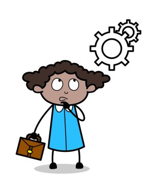 Hizmet için Düşünme - Retro Siyah Ofis Kız Karikatür Vektör Il