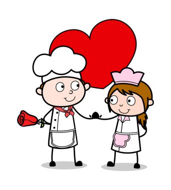 Romantik Çift - Karikatür Garson Erkek Şef Vektör İllüstrasyon