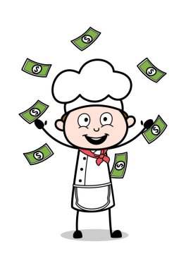 Yüzen Para Yakalamaya Çalışıyorum - Karikatür Garson Erkek Şef Vektör