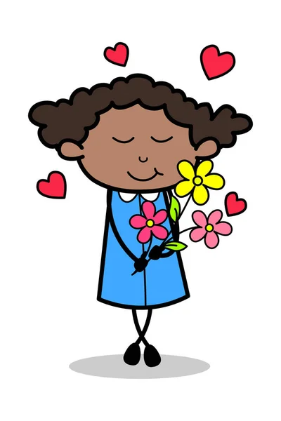 Presenteren bos van bloemen-retro zwart Office meisje cartoon ve — Stockvector