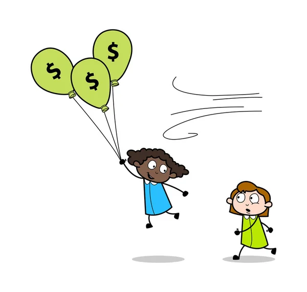 飞行与美元气球和女孩运行捕捉 - 复古B — 图库矢量图片