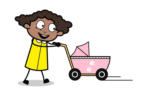 步行与婴儿推车 - 复古黑色办公室女孩卡通Vec — 图库矢量图片