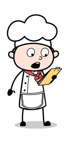 Czytanie pozycji menu-Cartoon kelner mężczyzna szef kuchni Vector Ilustratio — Wektor stockowy