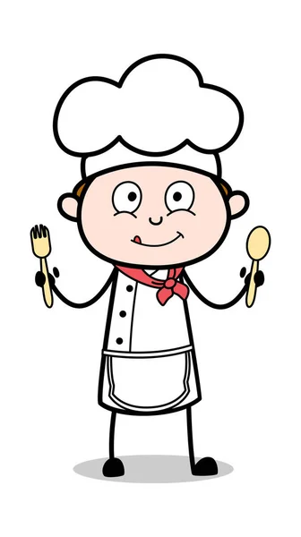 Showing Spoons - Cartoon Waiter Male Chef Vector Illustration — Stock Vector
