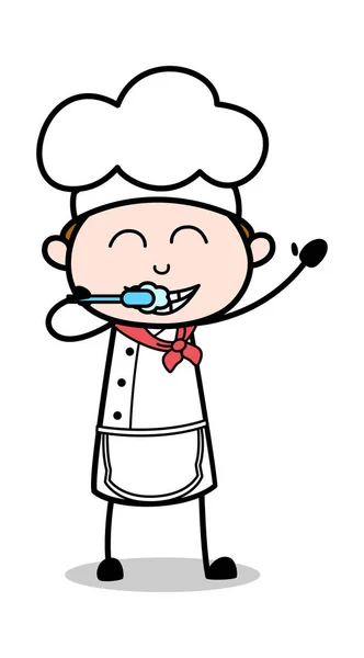 Brushing Teeth - Cartoon Waiter Male Chef Vector Illustration — Stock Vector