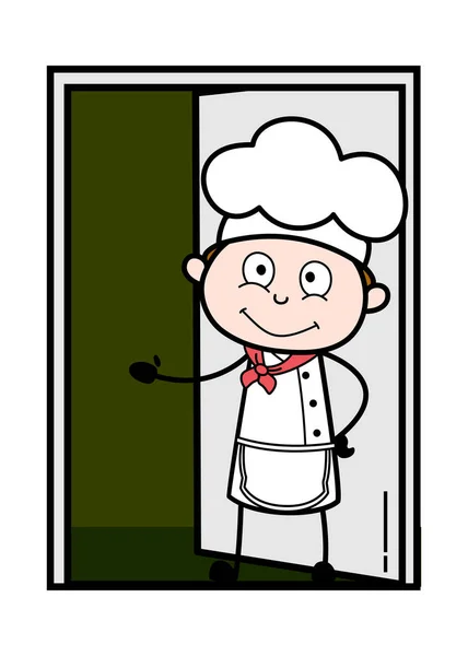 Zapraszanie na przyjść wewnątrz domu-Cartoon kelner mężczyzna Chef ve — Wektor stockowy