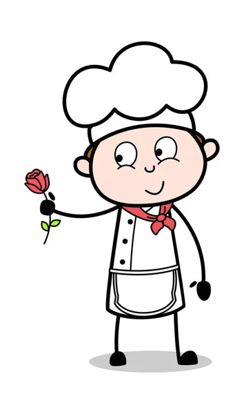 Apresentando uma Rosa - Cartoon Garçom Masculino Chef Vector Ilustração — Vetor de Stock