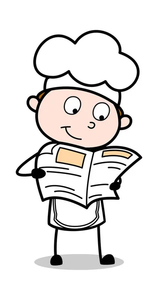 Czytanie gazeta-Cartoon kelner mężczyzna szef kuchni Vector ilustracja — Wektor stockowy