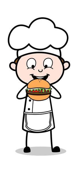 Comer hamburguesa - Caricatura camarero Chef masculino Vector Ilustración — Vector de stock