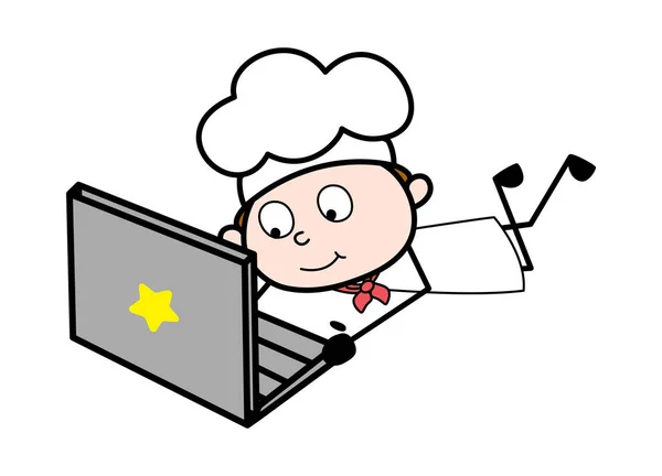 Regarder des vidéos sur ordinateur portable - Serveur de bande dessinée Homme Chef Vector Illu — Image vectorielle