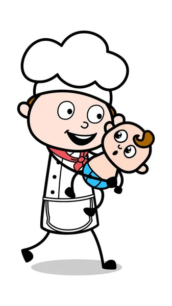 Correre con il bambino - Cartoon Waiter Maschio Chef Vector Illustrazione — Vettoriale Stock
