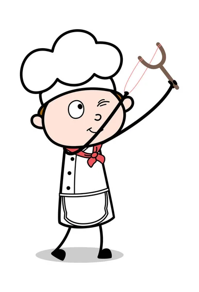 Ciblage avec fronde - Serveur de bande dessinée Homme Chef vecteur Illus — Image vectorielle